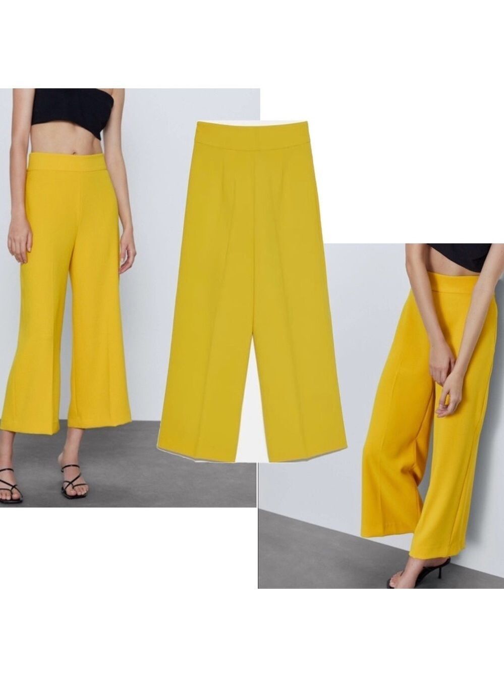 Zara yellow high-rise cropped wide leg culottes pants flowy side zip closure S
